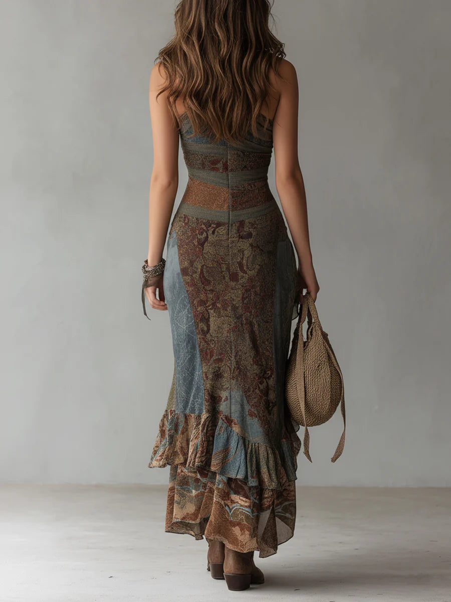 Grey One-Shoulder Paisley Patchwork Ruffle High Slit Mermaid Maxi Dress 3
