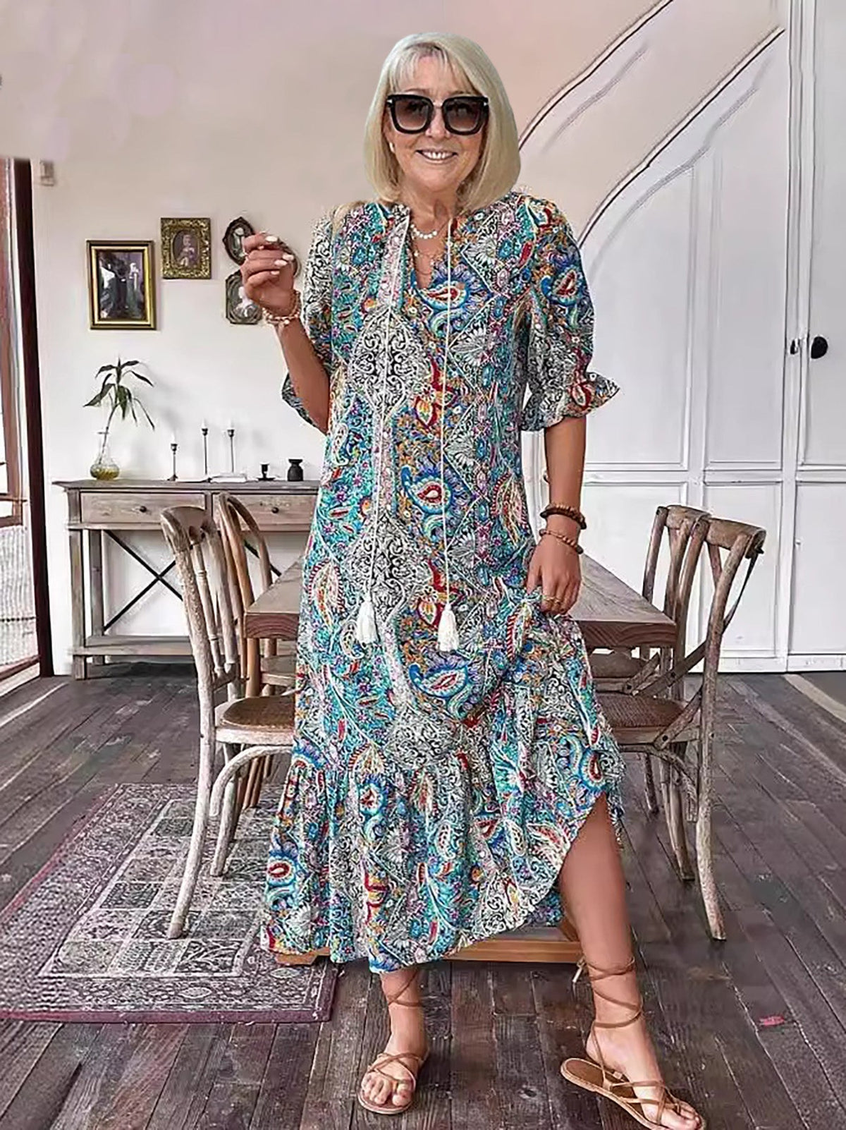 Tie Neck Paisley Print Ruffle Sleeve Tiered Boho Maxi Dress