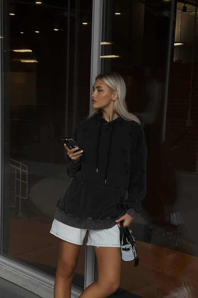 Distressed Washed Solid Cotton Hoodie