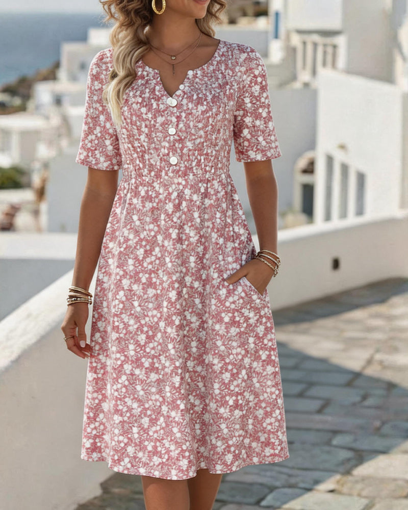 Pink Notch Neck Ditsy Floral Button Front Short Sleeve A-Line Midi Dress