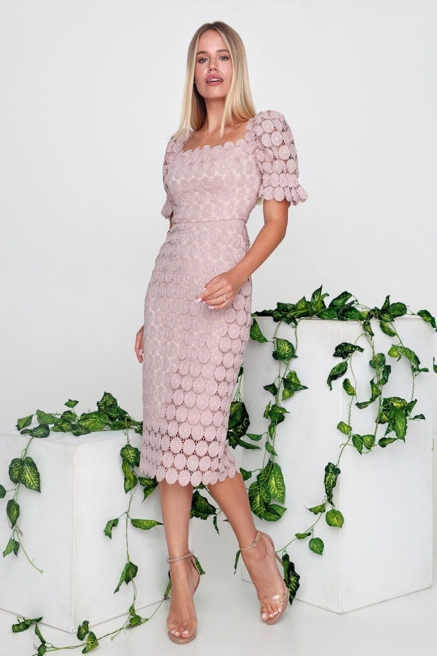 Off Shoulder Floral Lace Puff Sleeve Bodycon Midi Dress 3