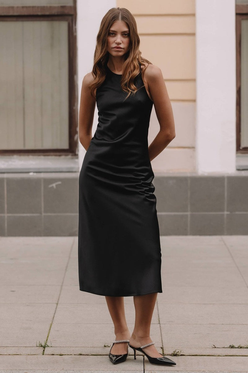 Black Satin Sleeveless Slip Dress