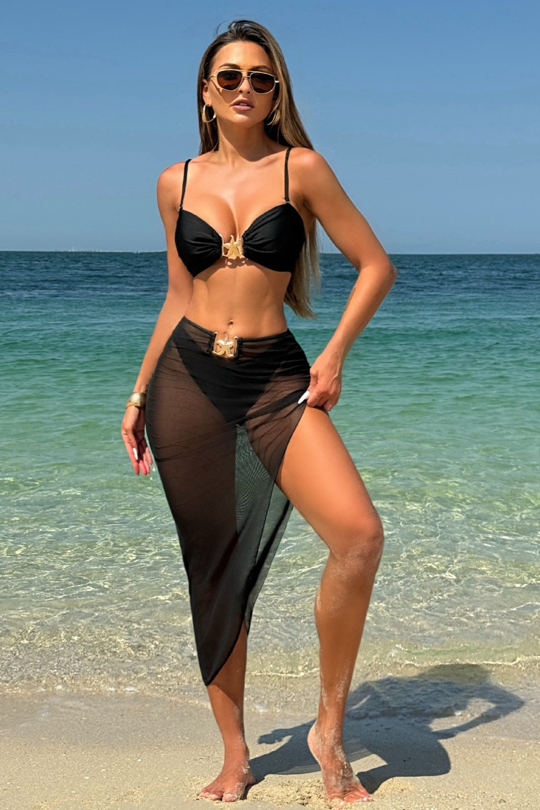 Solid Mesh Long Skirt Three Piece Swim Set