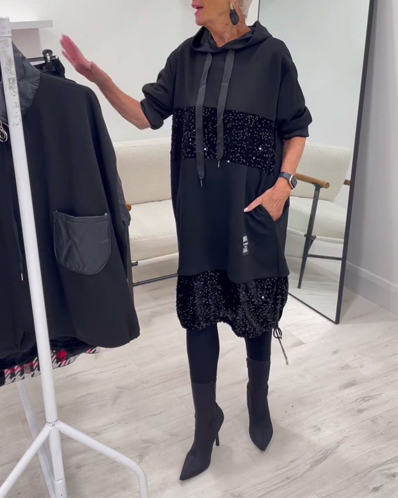 Hooded Drawstring Sequin Patchwork Panel Pocket Sweatshirt Midi Dress