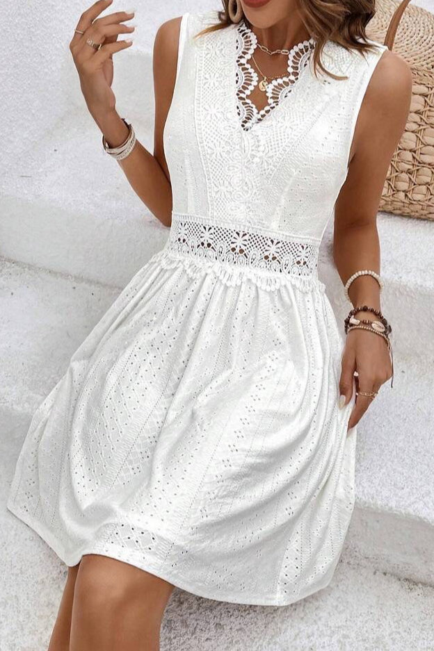 Deep V Neck Crochet Lace Waistband Eyelet Panel A-Line Mini Dress 4