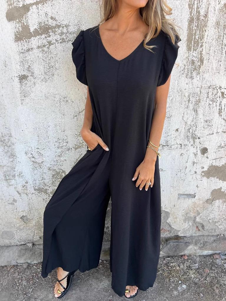 Leopard Print V Neck Jumpsuit With Front Pockets