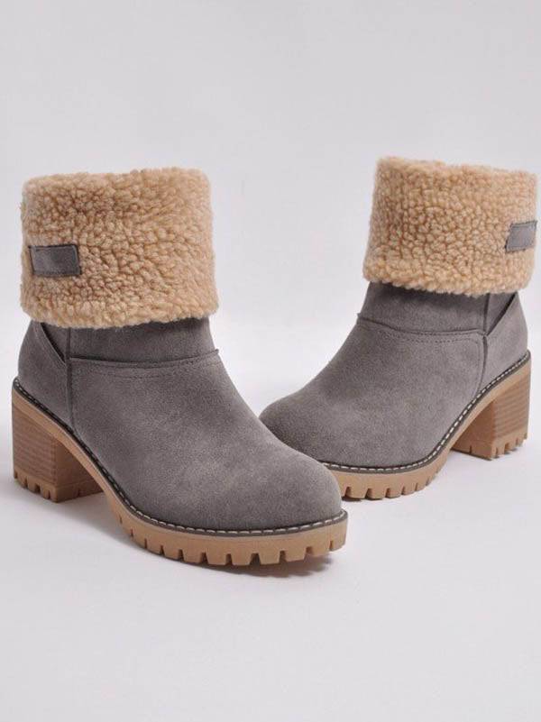 Fur Lined Fold Over Cuff Block Heel Ankle Snow Boots