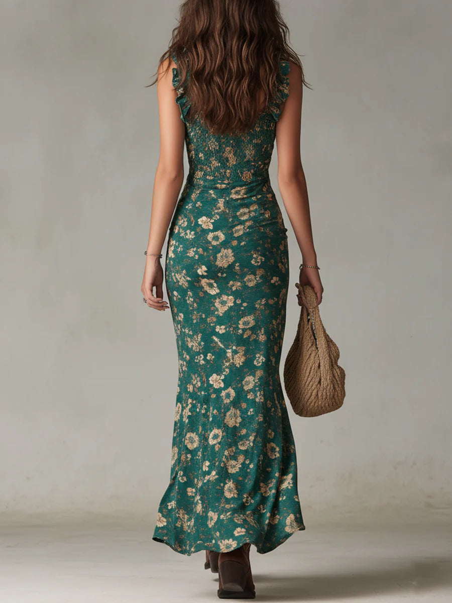 Green Square Neck Shirred Floral Ruffle Hem High Slit Mermaid Maxi Dress 3