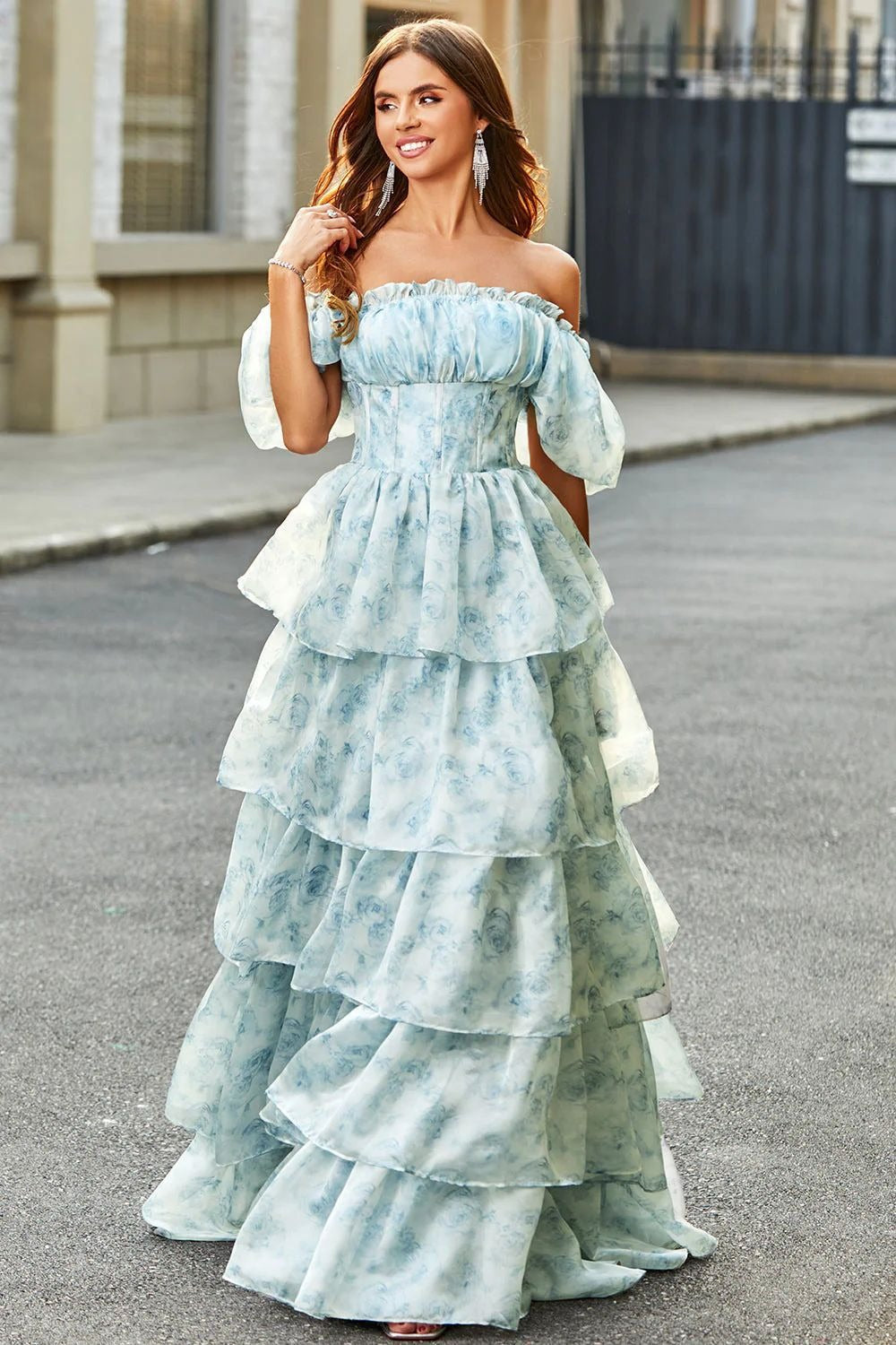Blue Off Shoulder Ruffle Corset Bodice Tiered Ruffle Floral Print Maxi Dress 4