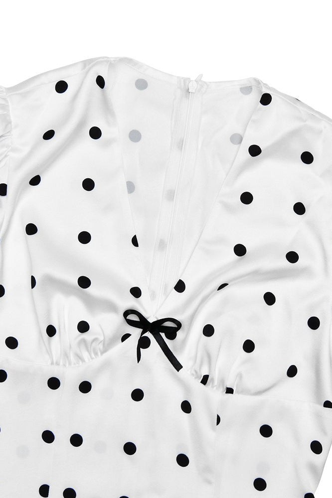 White Polka Dot V-Neck Puff Sleeve Waist Tie Bodycon Maxi Dress 4