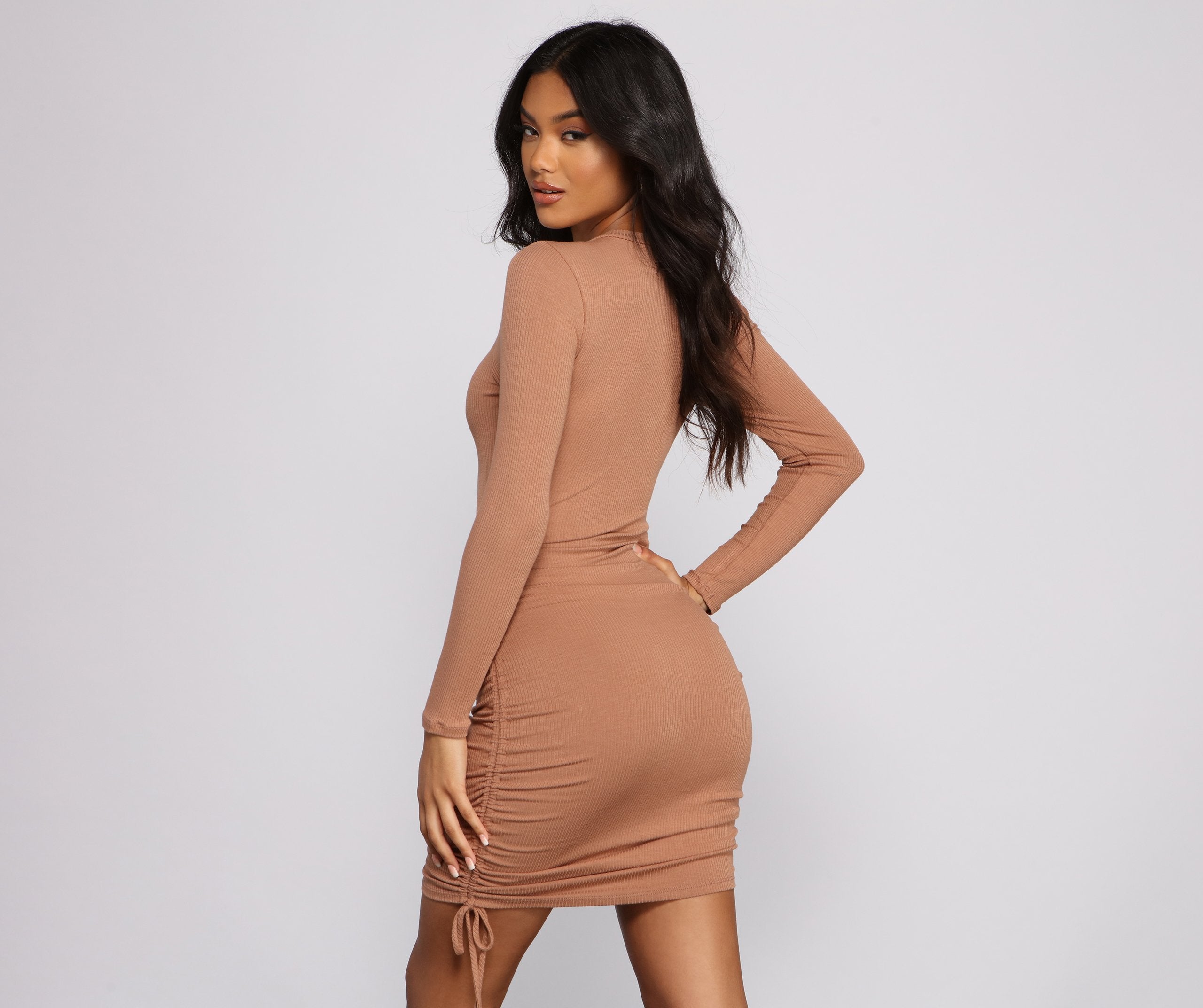 Ruched And Ribbed Knit Graceful Crew Neck Mini Dress