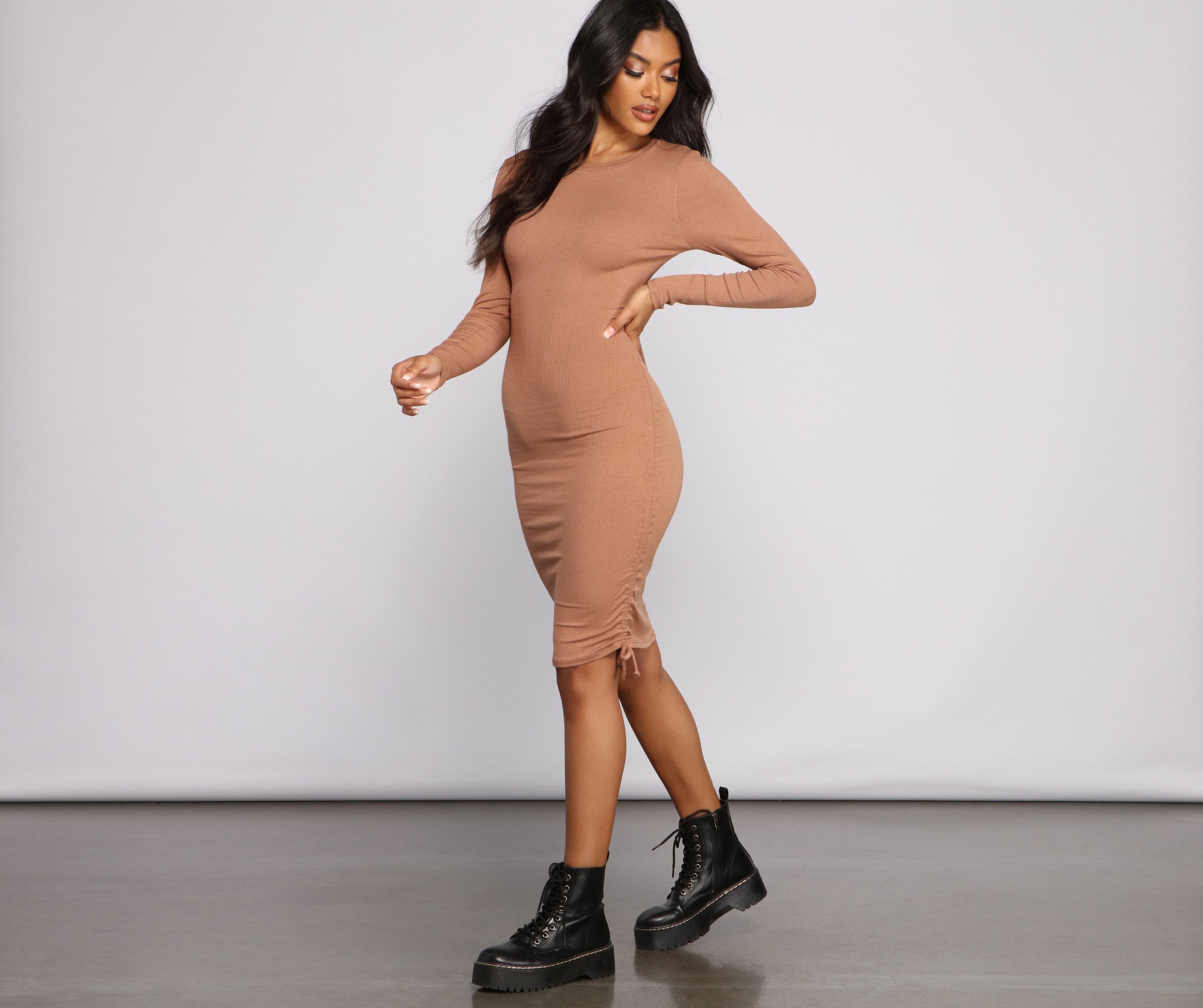 Ruched And Ribbed Knit Graceful Crew Neck Mini Dress