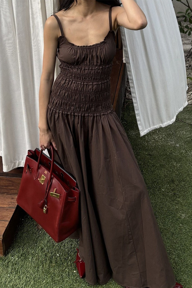 Solid Cotton Ruched Long Sleeveless Slip Dress