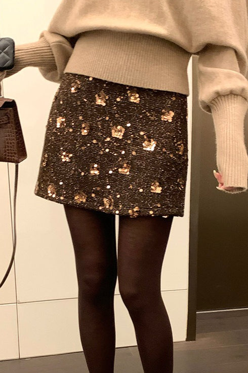 Embroidered Sequin High Waist ALine Skirt