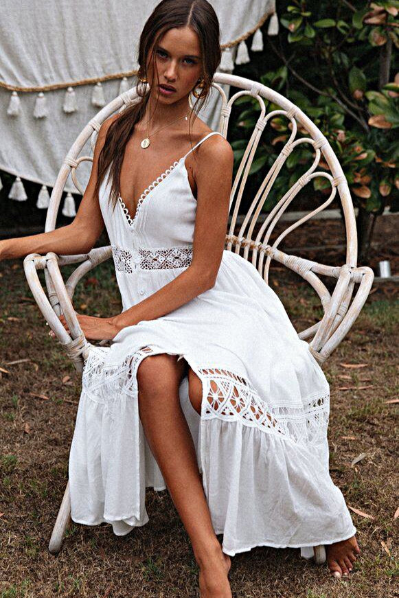 White Deep V Neck Crochet Lace Insert Button Front Ruffle Hem Midi Dress 7