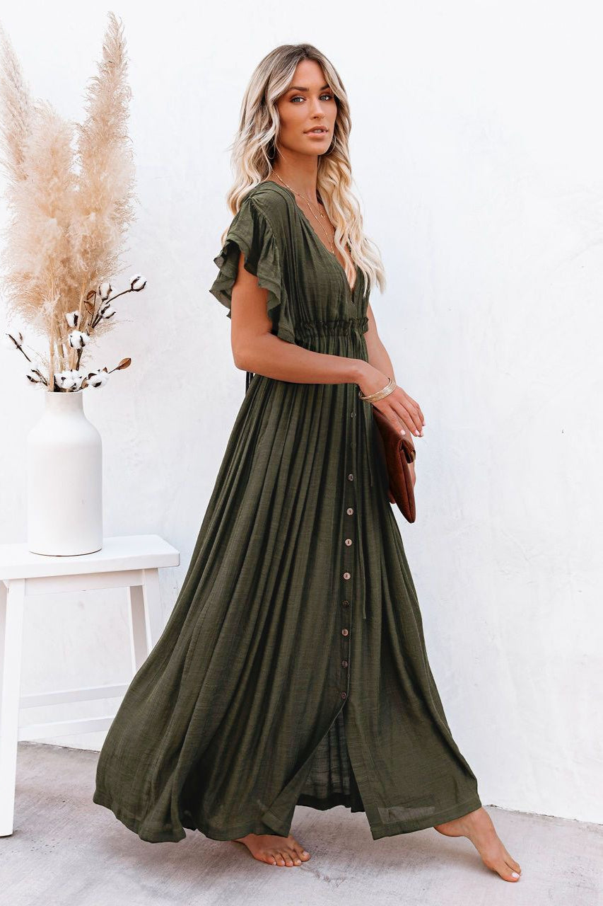 Deep V Neck Ruffle Sleeve Drawstring Waist Button Front Pocket Maxi Dress 13