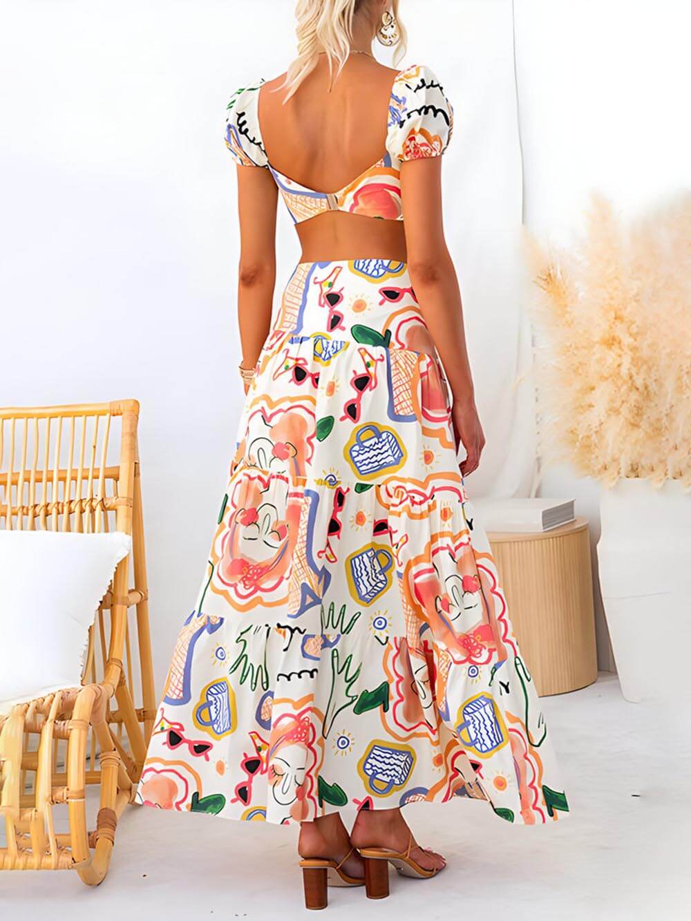 Summer Printed Top And Graceful Wrap Skirt Two-Piece Suit