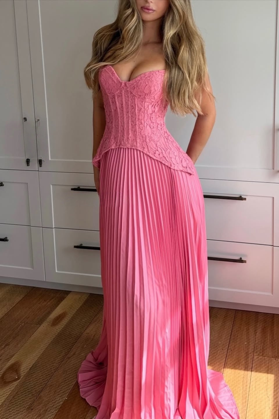 Halter Deep V Neck Lace Bodice Accordion Pleated Maxi Dress 6