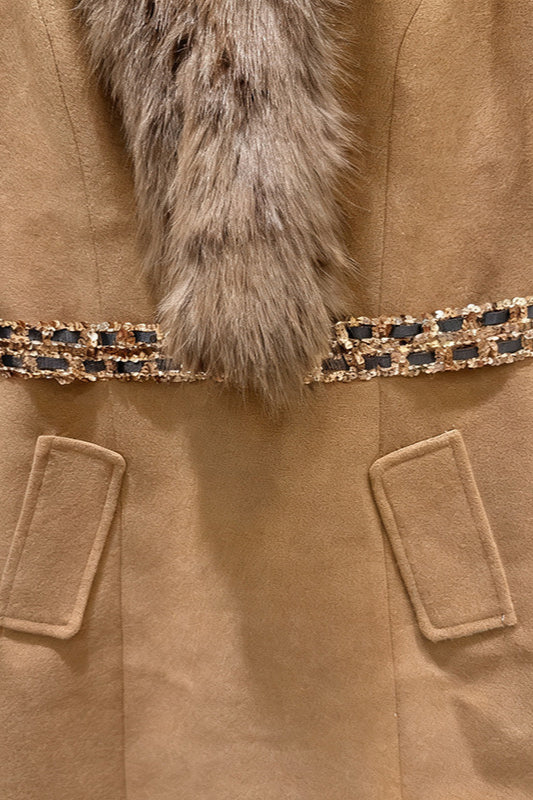 Brown Faux Fur Sleeveless Embellished Midi Dress 6