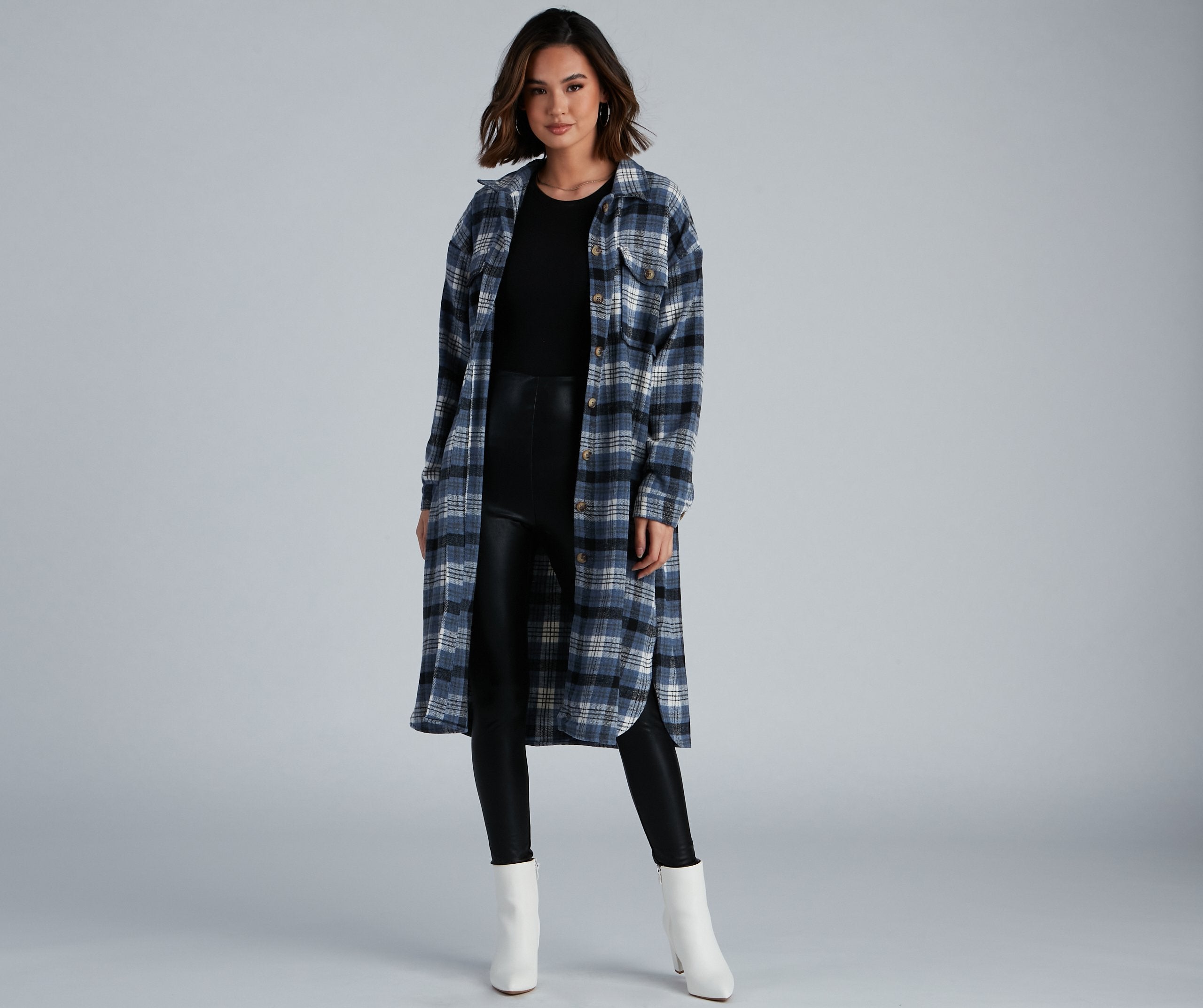 Casual Cozy Plaid Shacket Blue / S/M Casual Woven Jackets
