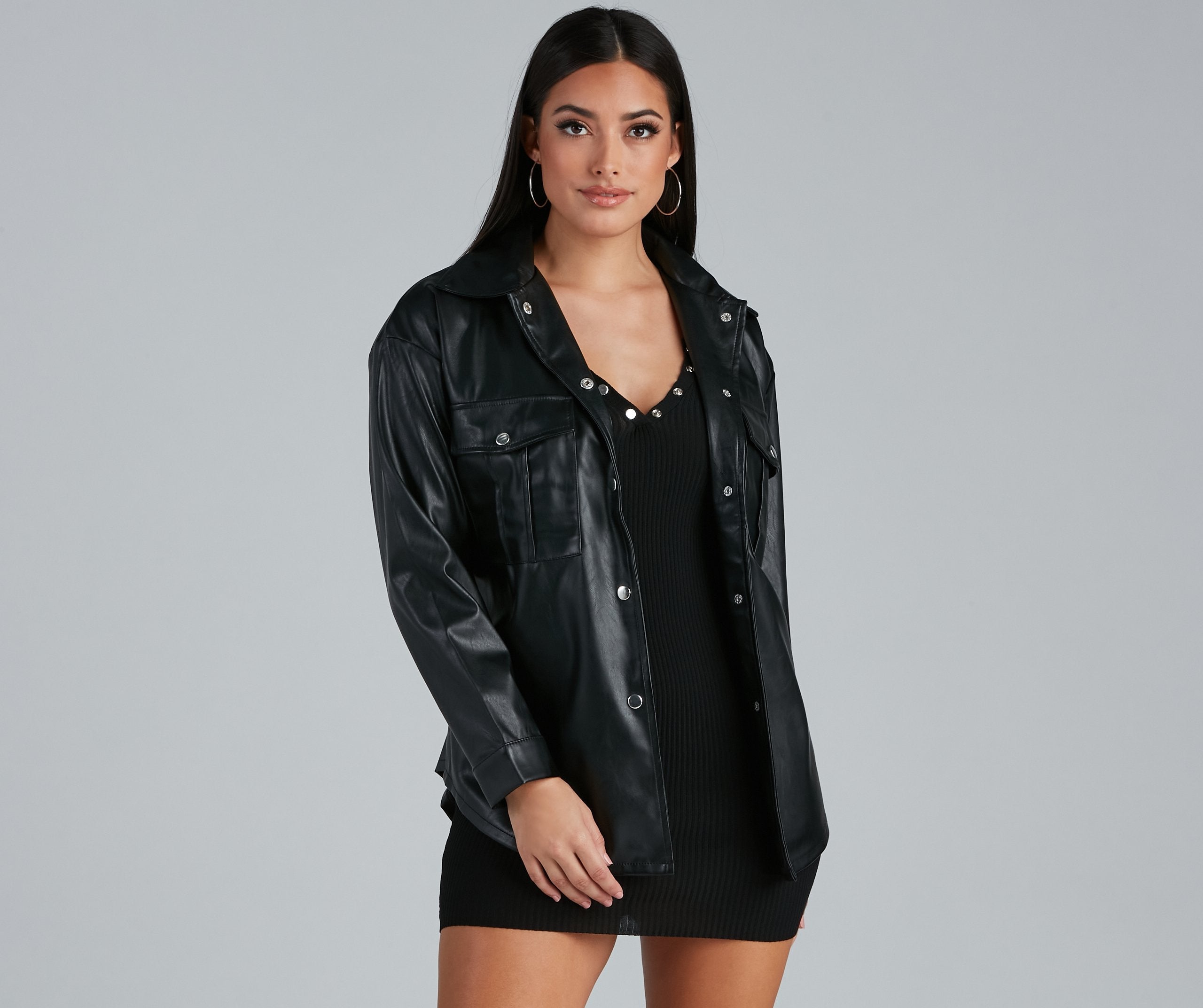 Sleek Trends Faux Leather Tie-Waist Shirt Jacket Black / S Casual Woven Jackets