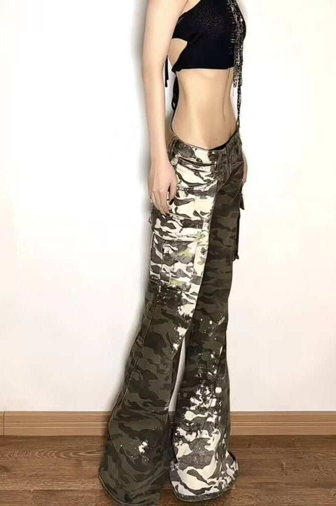 Low Waist Micro Flare Paint Splatter Camo Cargo Jeans