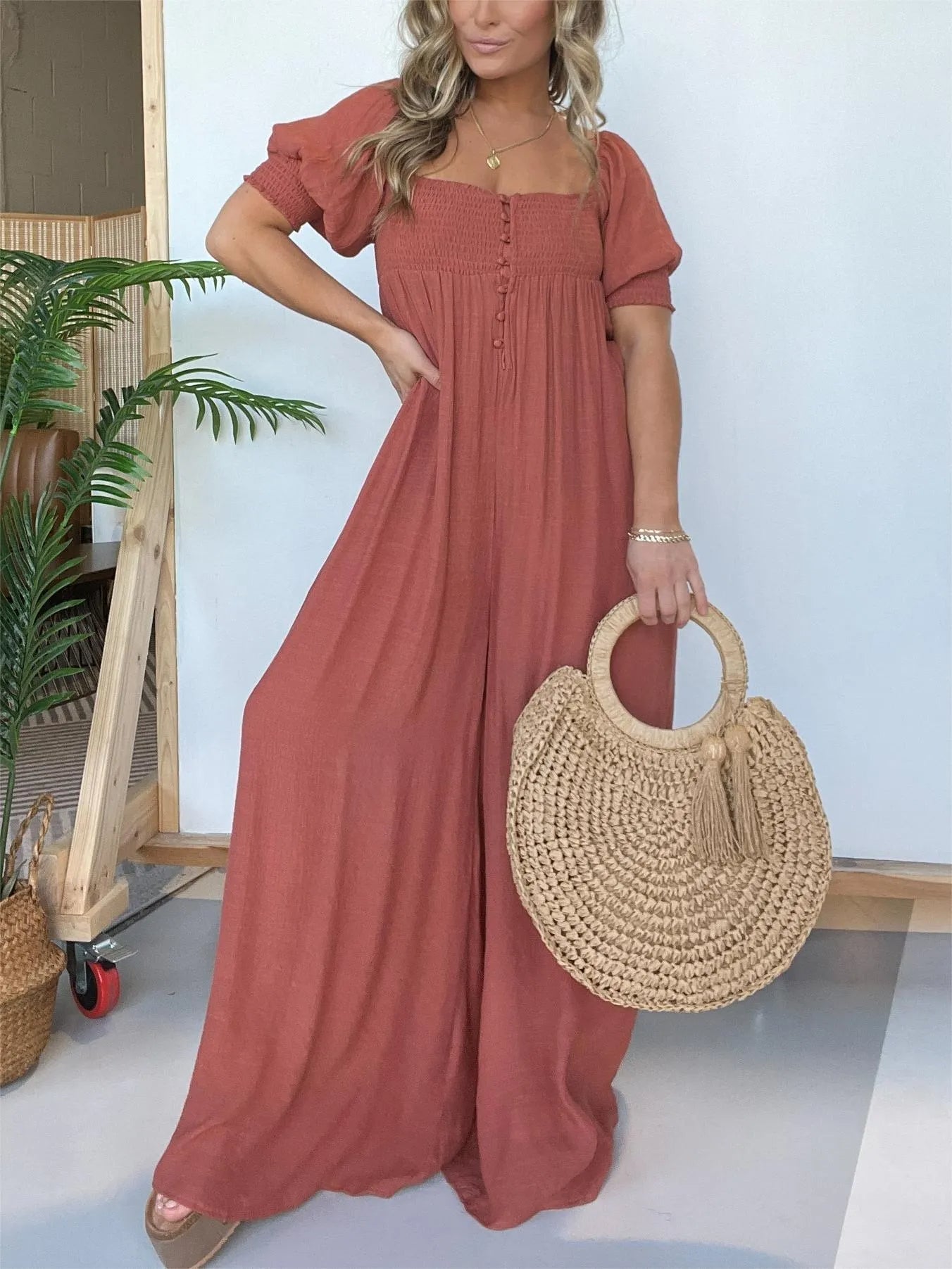 Square Neckline Jumpsuit With Smocked Bodice Button