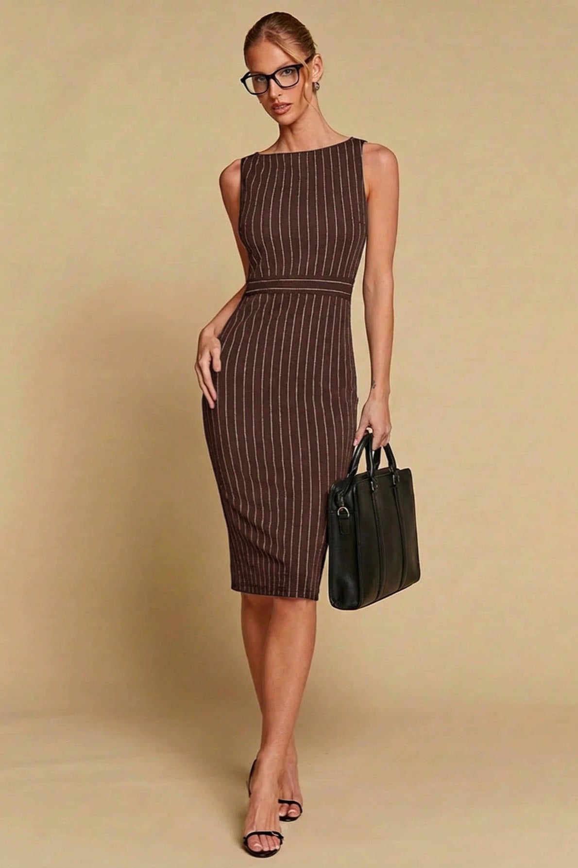 Striped Slit Waist Cinched Sleeveless Work Dress