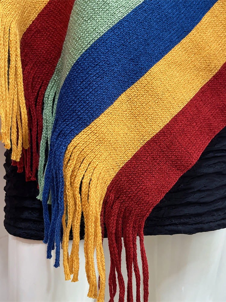 Striped Knit Tassel Trim Asymmetric Hem Poncho