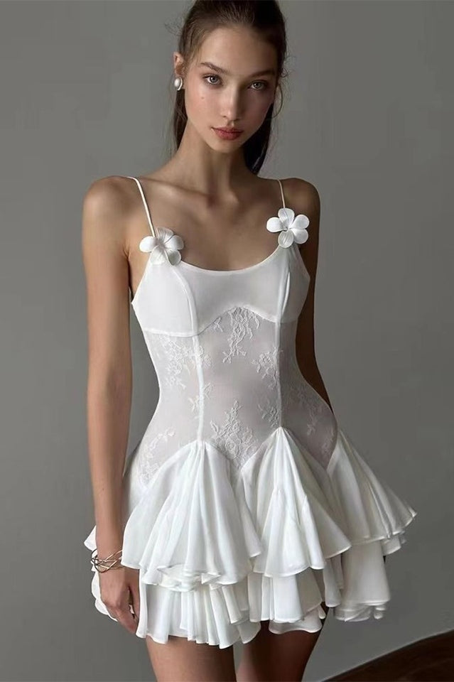 Ganili Spaghetti Sheer Charming Ruffle Mini Dress