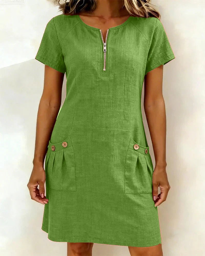 Round Neck Zip Front Short Sleeve Button Pocket A-Line Mini Dress