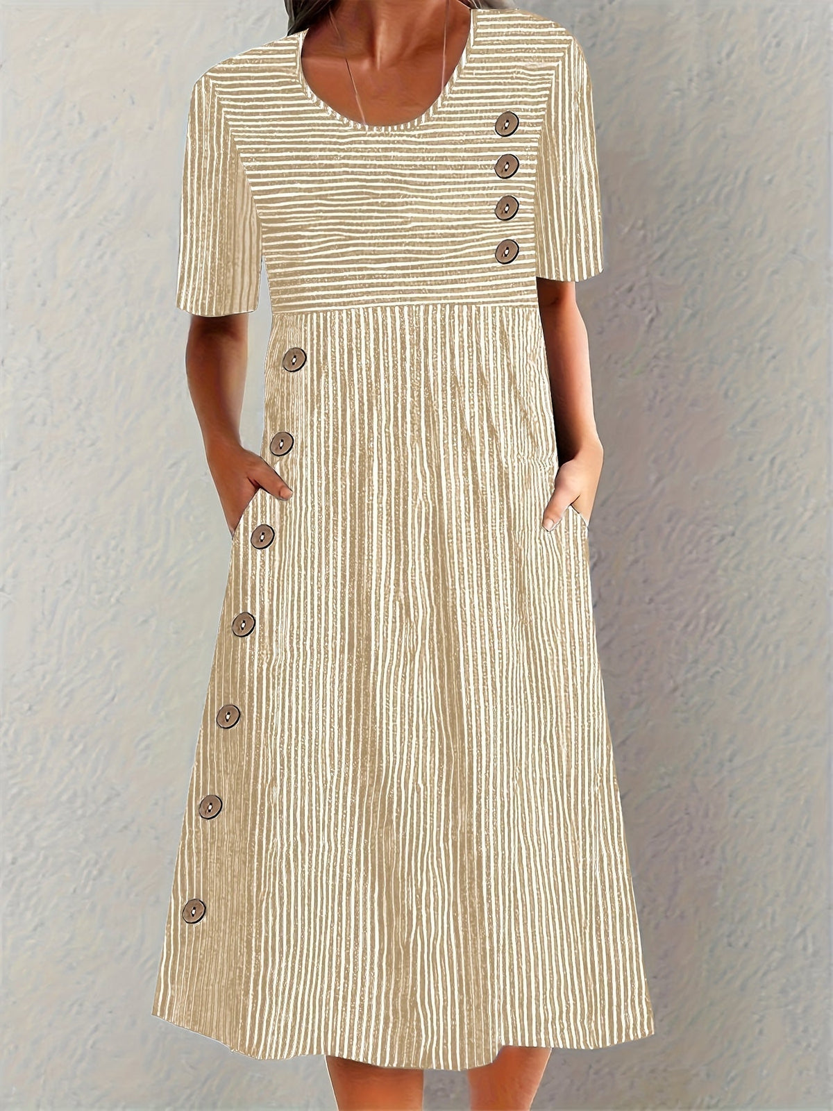Round Neck Short Sleeve Striped Button Detail A-Line Midi Dress 4