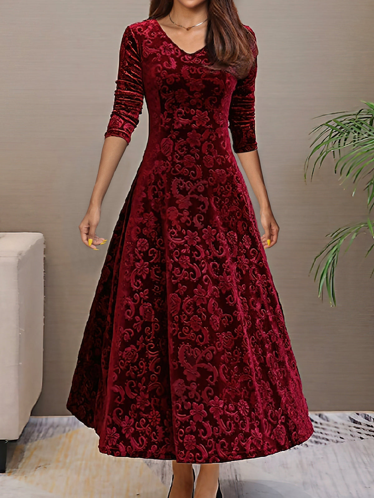 V-Neck Floral Burnout Velvet Long Sleeve A-Line Maxi Dress 3