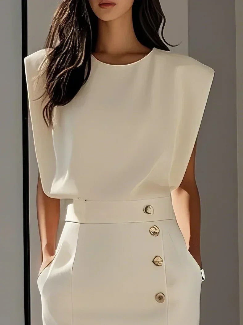 Round Neck Sleeveless Button Slit Sheath Midi Dress