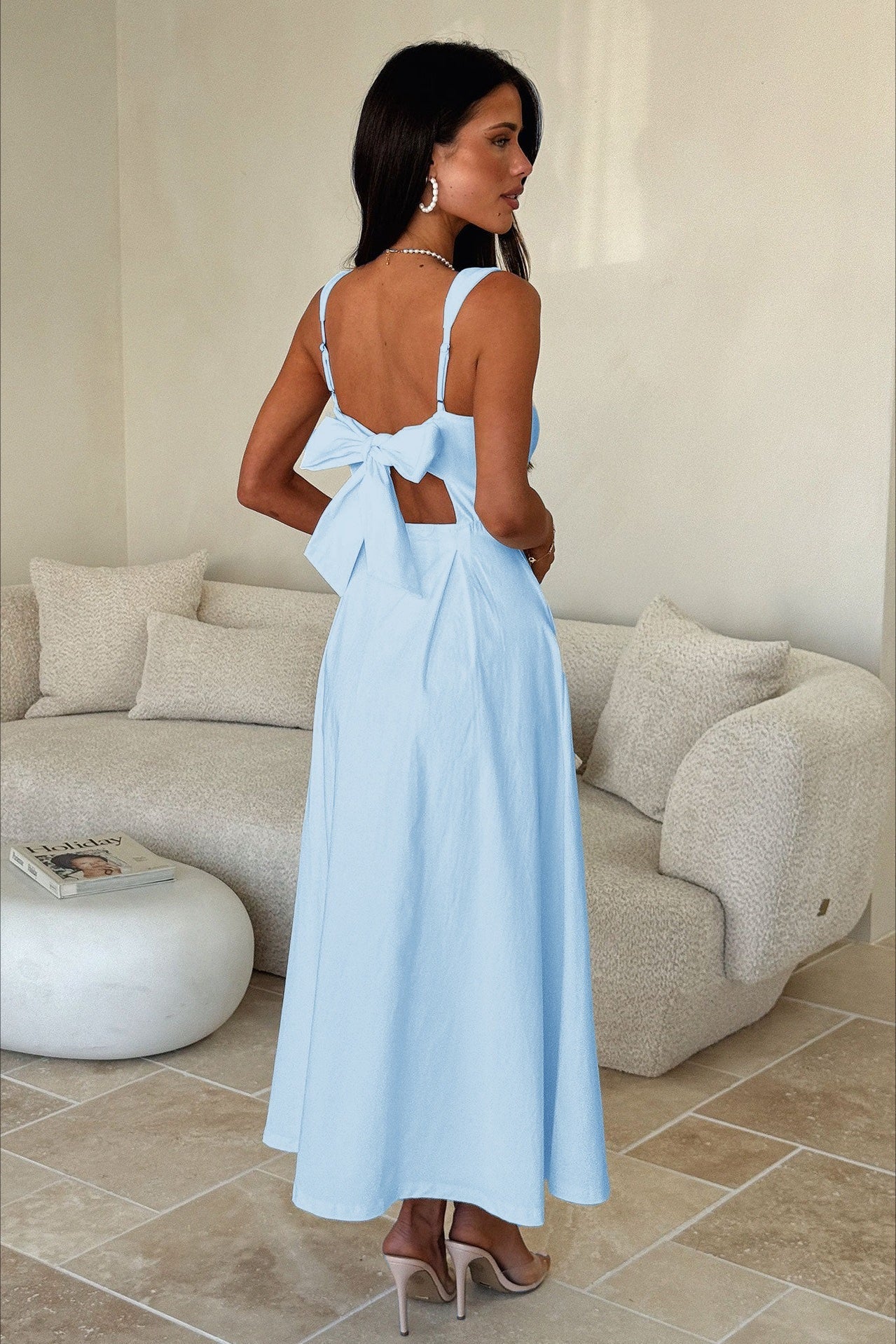 Square Neck Gathered Bust Wide Strap Pleated Pocket Midi Dress 10