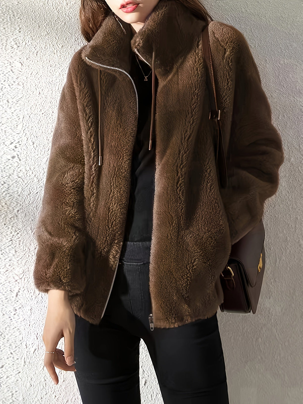 Stand Collar Zip Front Drawstring Fuzzy Fleece Jacket