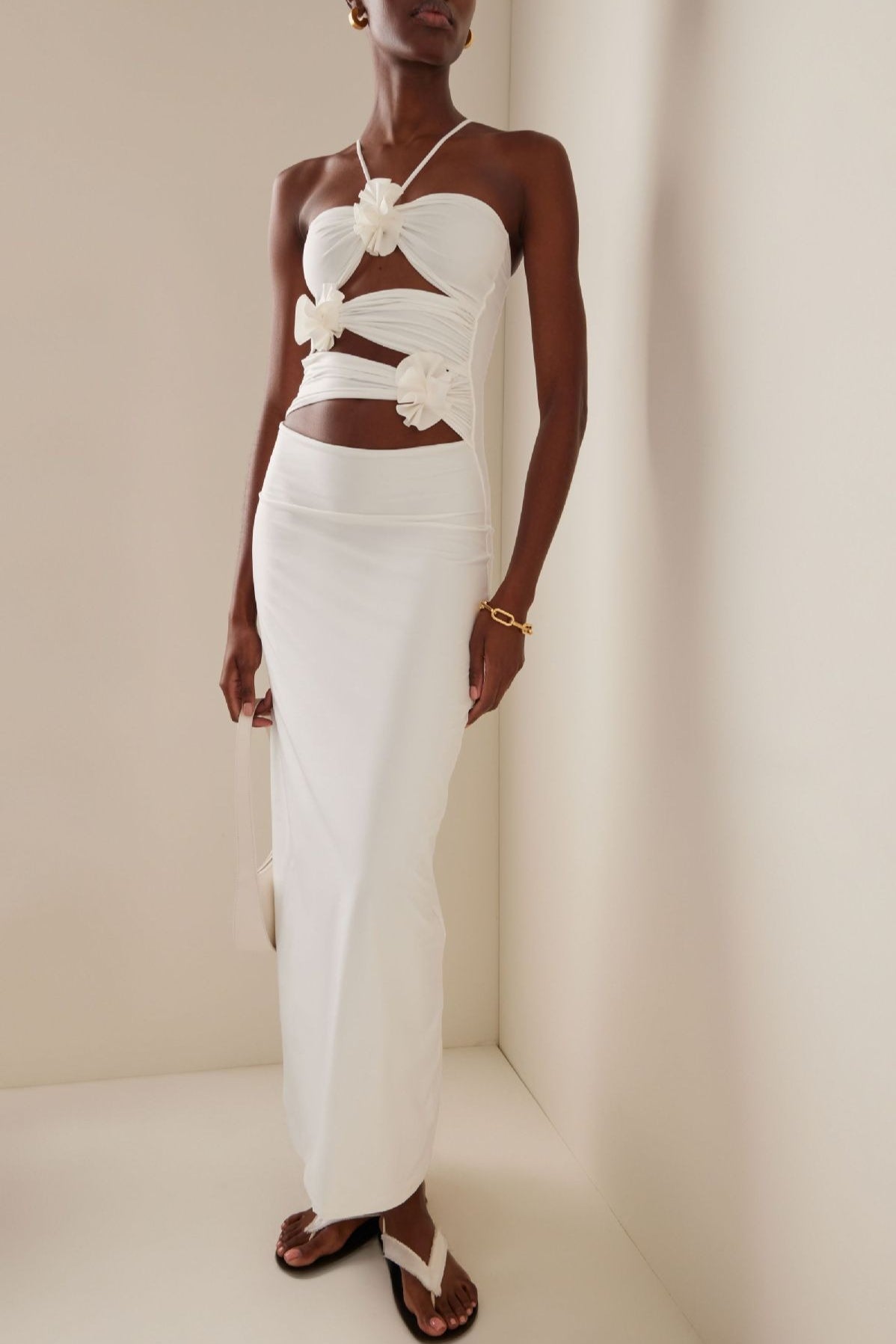 3D Floral Waist Cinch Cutout Halter Maxi Slip Dress