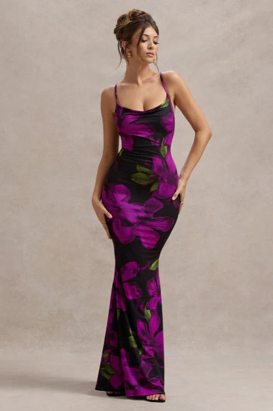 Purple Criss Cross Back Open Back Floral Print Bodycon Maxi Dress 2