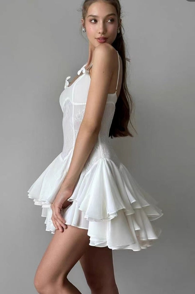 Ganili Spaghetti Sheer Charming Ruffle Mini Dress
