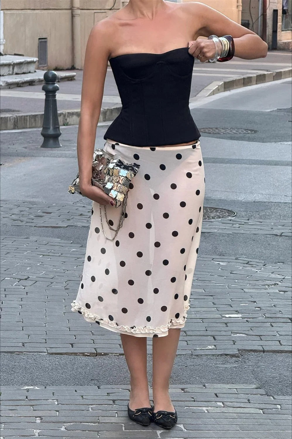 Polka Dot Satin High Waist ALine Skirt