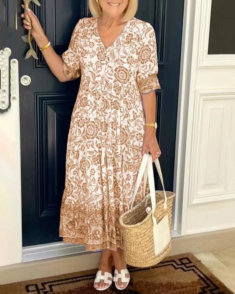 V-Neck Floral Print Puff Sleeve Tiered Flowy Maxi Dress