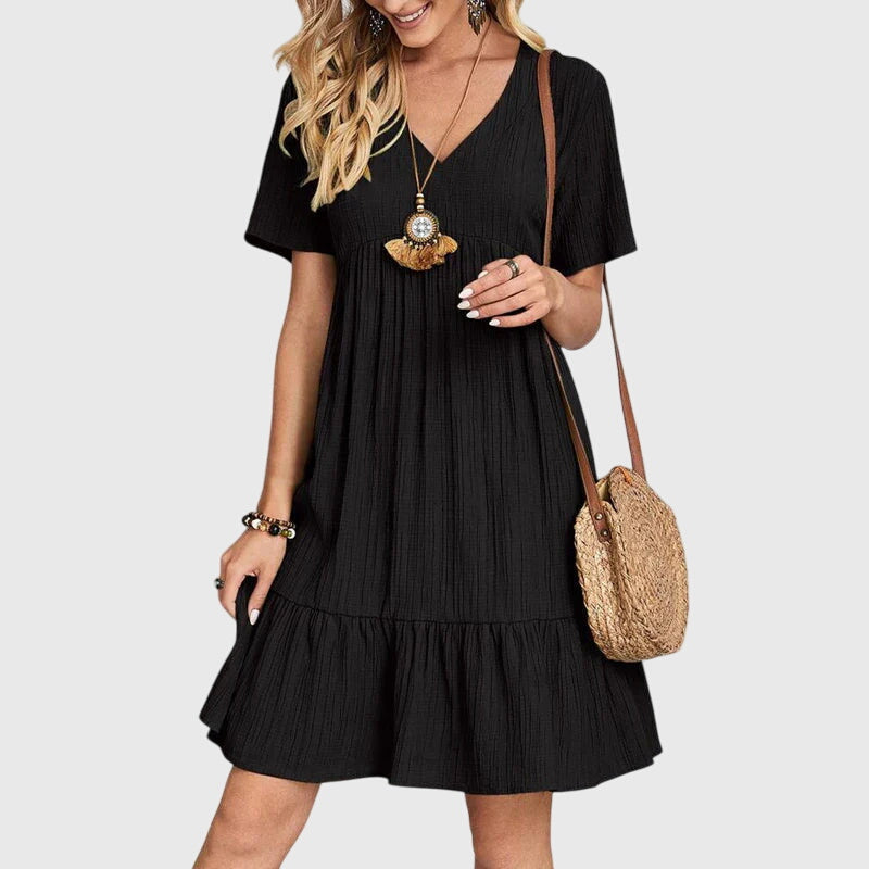 V-Neck Short Sleeve Textured Ruffle Hem Babydoll Mini Dress