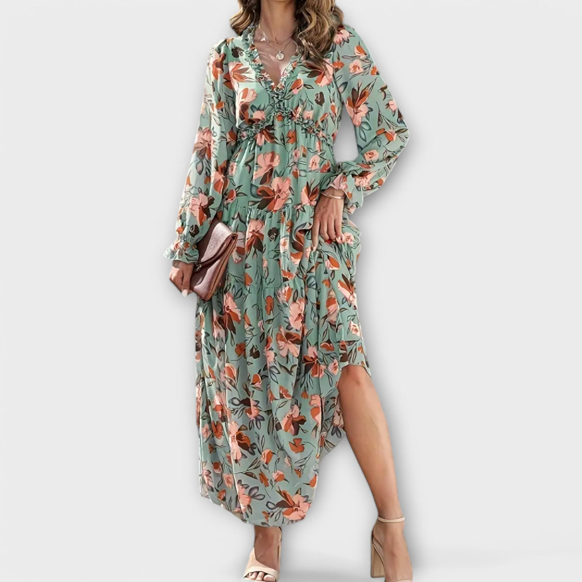 Ruffle V-Neck Floral Chiffon Long Sleeve Tiered Boho Maxi Dress