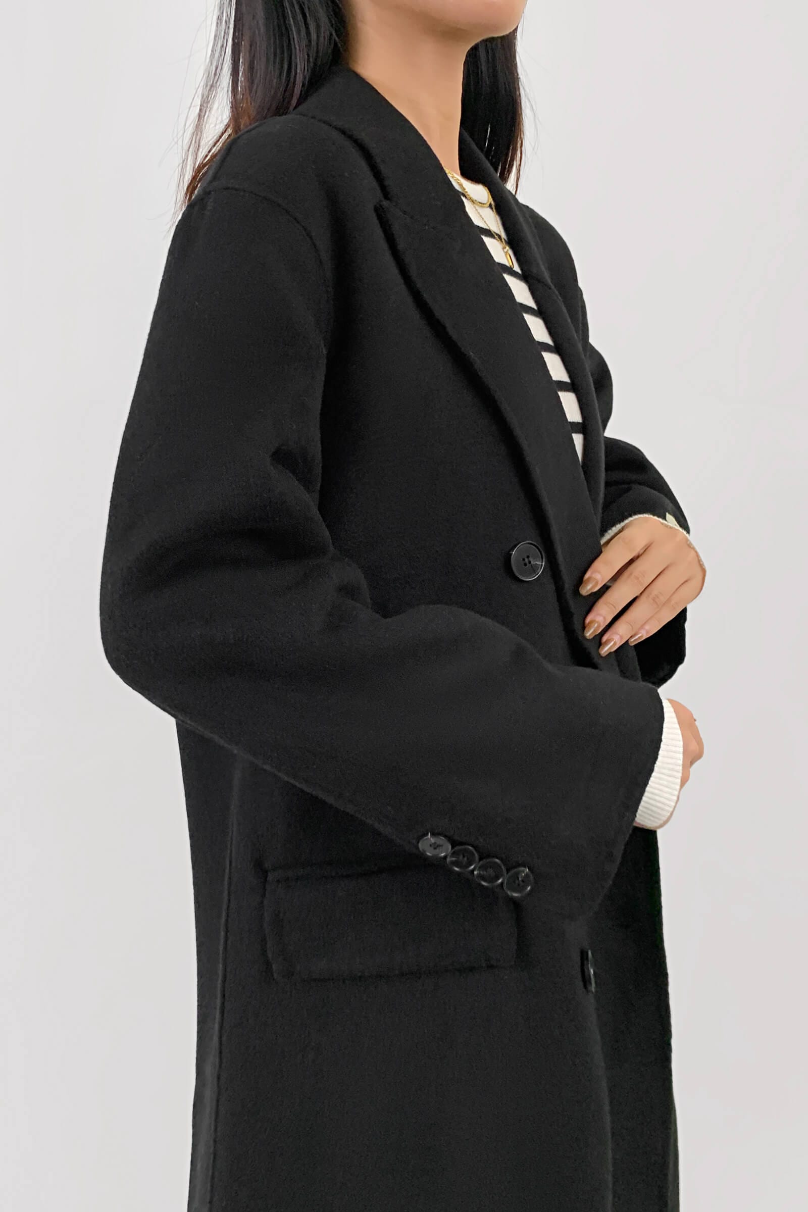 Black Premium Wool Double-Breasted Longline Coat