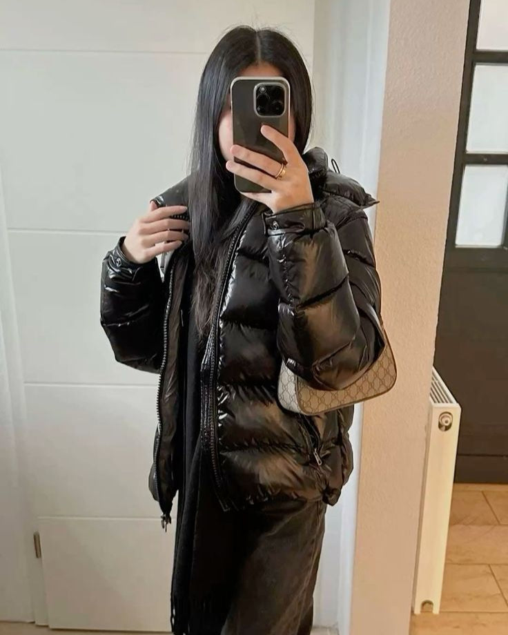 Hooded Glossy Quilted Zip-Up Long Sleeve Puffer Jacket