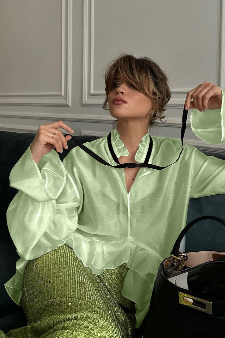 Sheer Bell-Sleeve Stylish Sexy Blouse