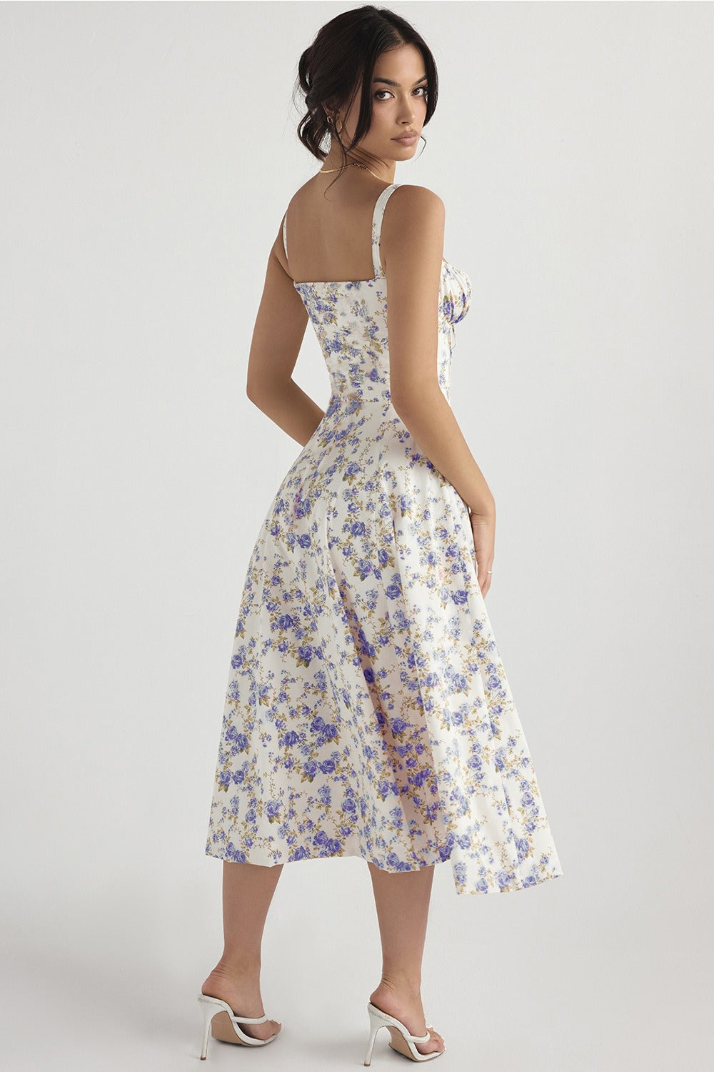 Wide Strap Sweetheart Ruched Bust Toile Floral Print A-Line Midi Dress 13