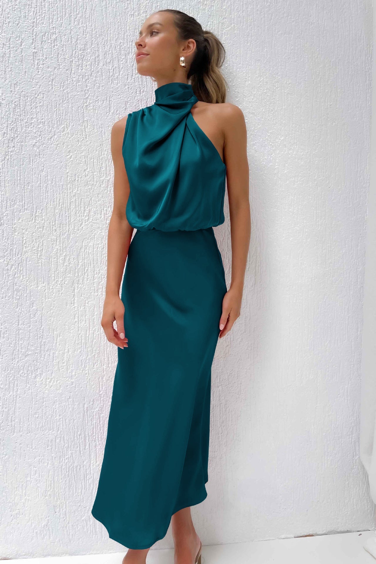 Vanessa Effortless Long Satin Dress with American Neckline Designer Edit