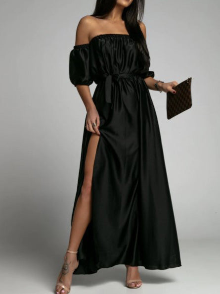 One Shoulder Short Sleeve Slit Dress