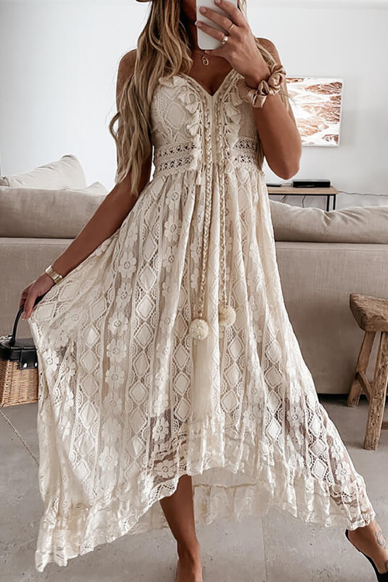Adela Elevated Midi Dress in Mullet with Lace and Ruffles Evening Wear Edit
